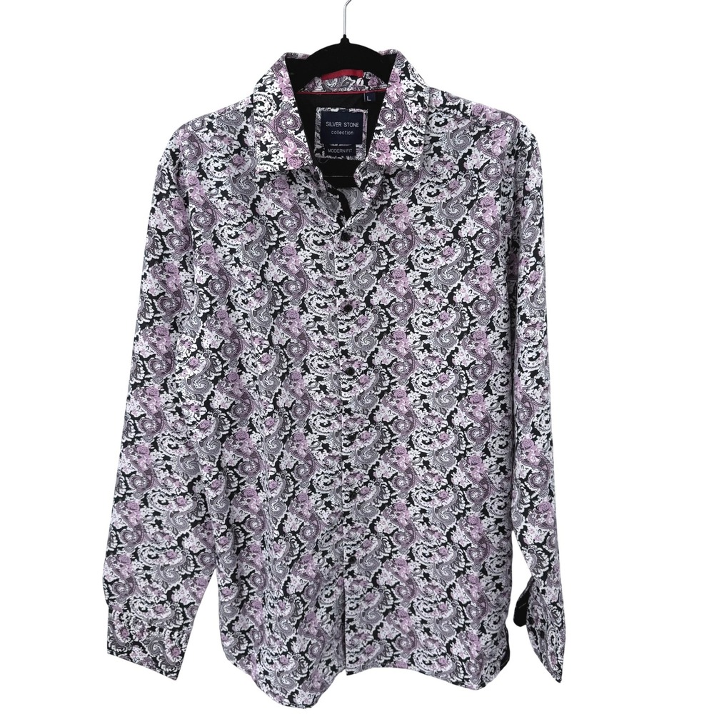 Silver Stone Collection Mens Modern Fit Paisley Floral Button Down Shirt Large